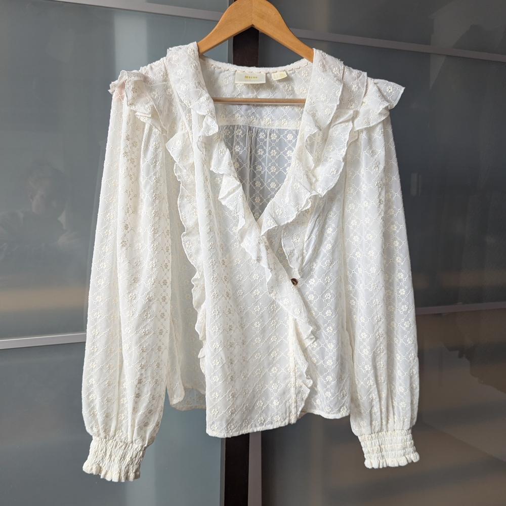🩷♥️ Anthropologie Maeve Laila Ruffled Wrap Blouse Long Sleeve Ivory - Size 12